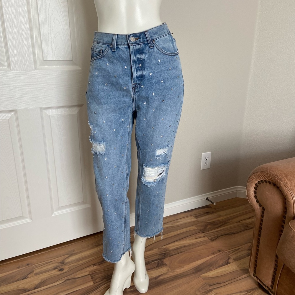 Simple Society Super High Rise Distressed Rhinestone Jeans Size 28 - Picture 2 of 11